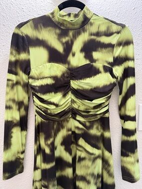 Neon Lime & Black Ruched Long Sleeve Dress